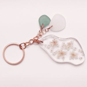 Keychain White Flowers / Green Glass/ White Glass