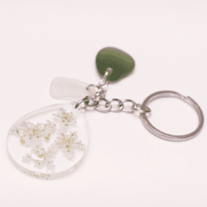 Keychain White Flowers / Green Glass/ White Glass