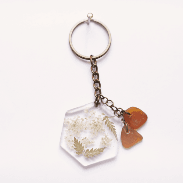 Keychain Green Fern / White Flowers / Brown Glass - Image 2