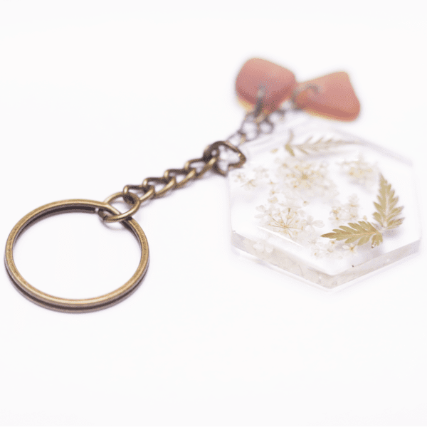 Keychain Green Fern / White Flowers / Brown Glass - Image 3